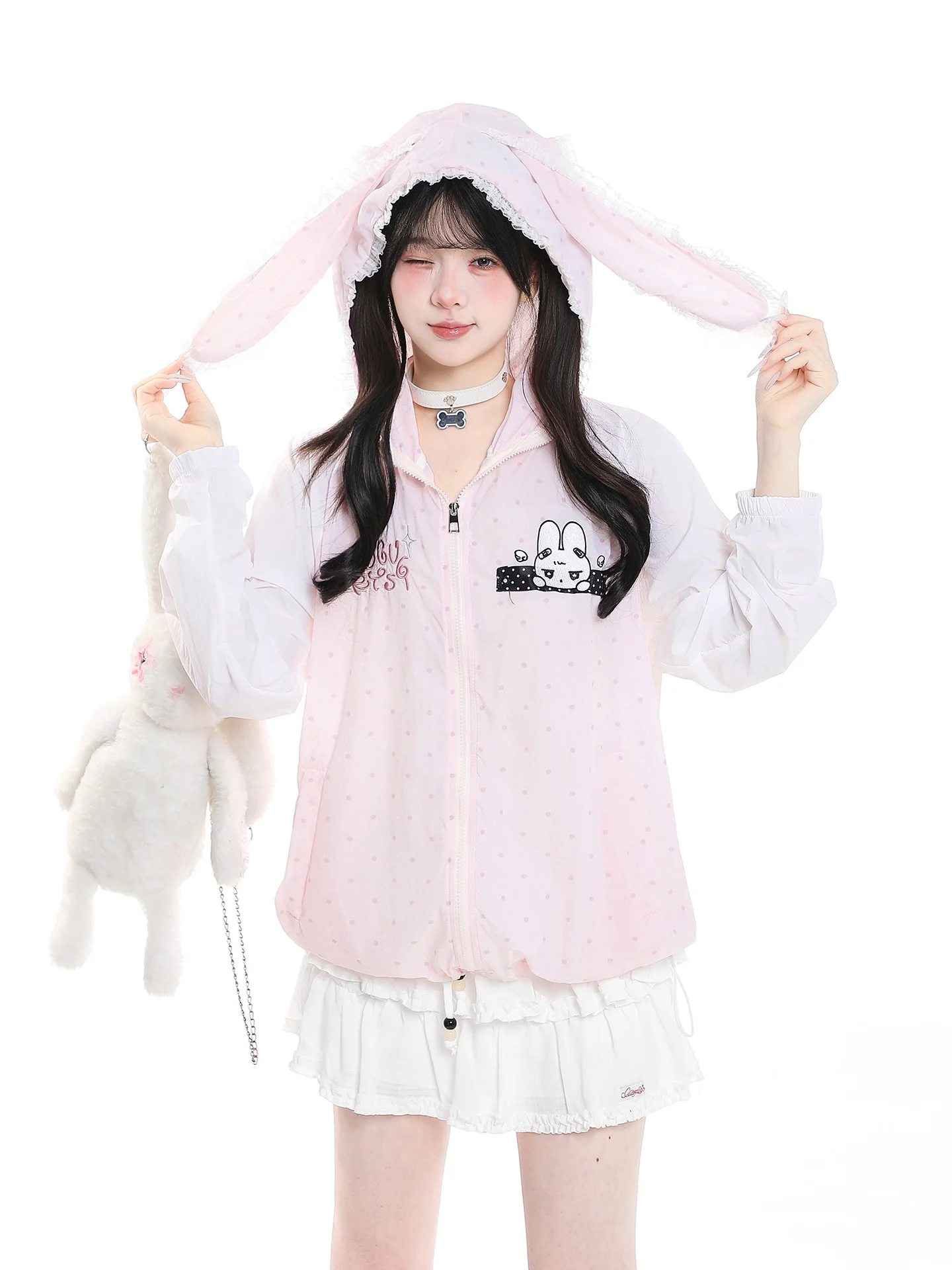 Cute Rabbit Ear Polka Dot Hooded Sun Protection Outerwear Women's Summer Zipper Open Cardigan Loose Casual Top Fashionable Co...