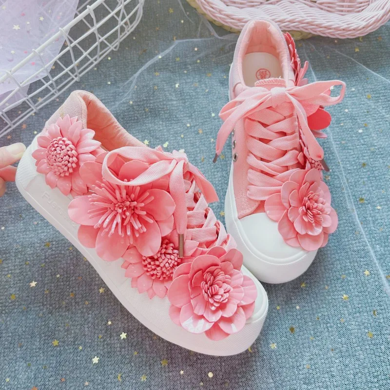 New Fashion 2023 Sweet Pink Floral Canvas Women's Sneakers Platform Tennis Sports Shoes Female Casual Spring Summer Footwear