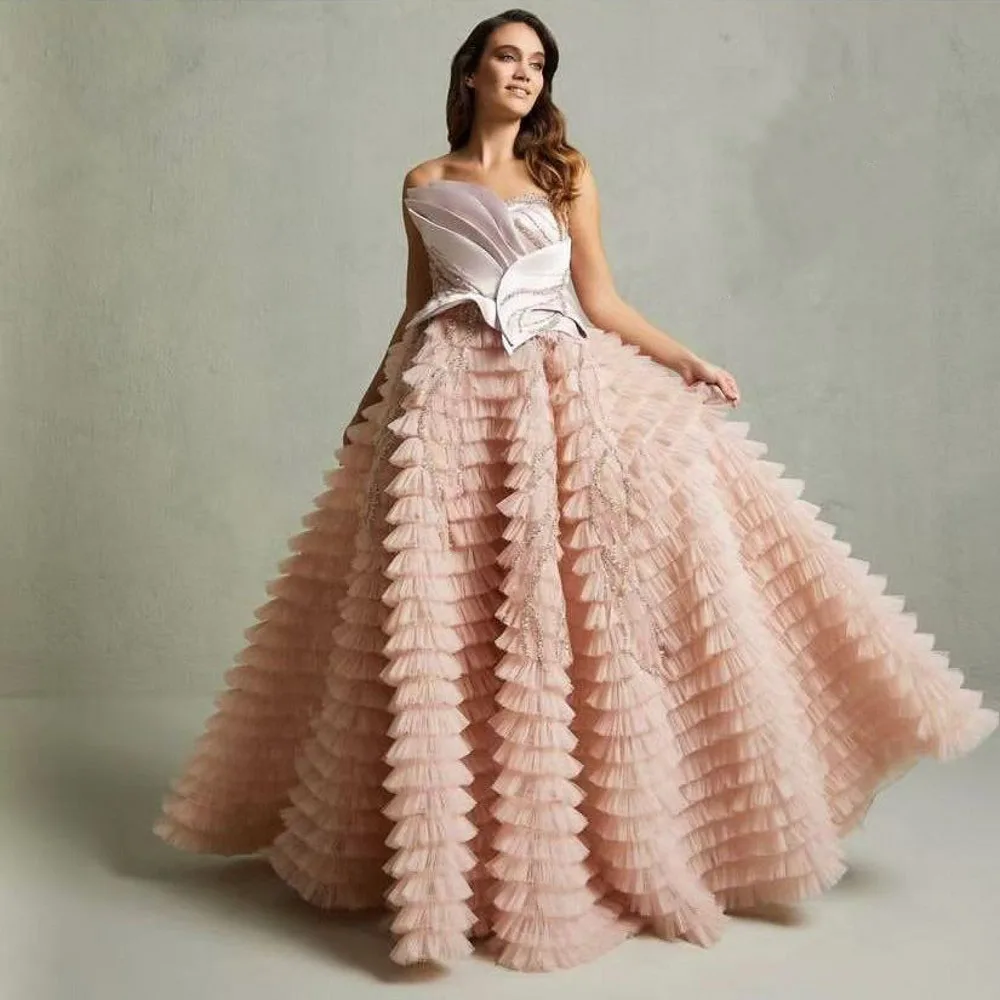 Pretty Dresses Women Tierred Off Shoulder Embellished Sweetheart Prom Gowns Tulle Pink A line Party Dress Crystals Beading