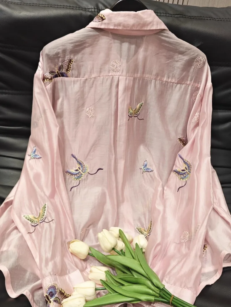 2025 Summer New Heavy Industry Embroidery Butterfly Loose Fashion Versatile Casual Style Sunscreen Shirt Long Sleeve For Women