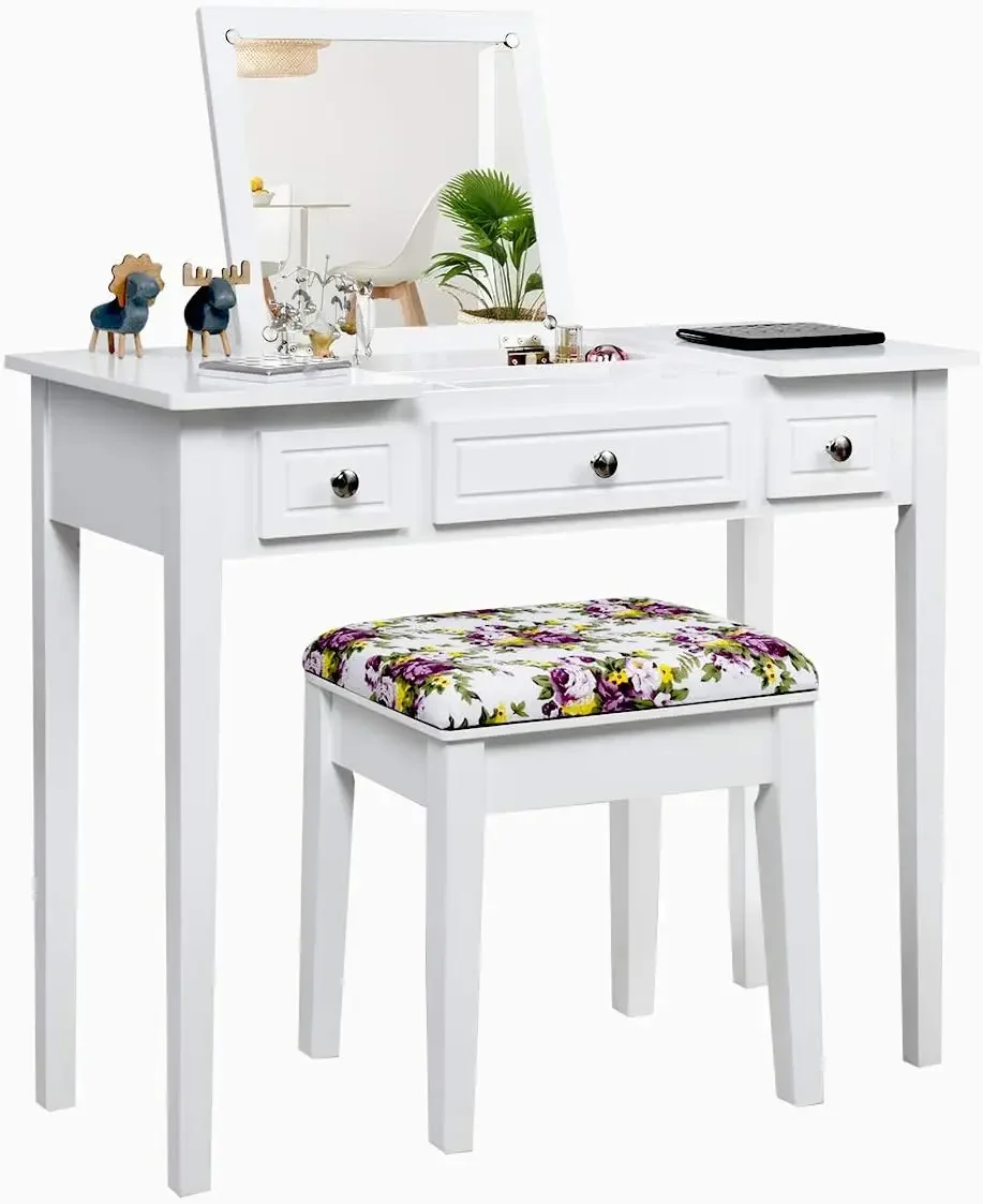 Makeup Vanity Desk with Flip Top Mirror and 3 Drawers, 7 Storage Compartments, White Writing Desk Dressing Table Vanity Set