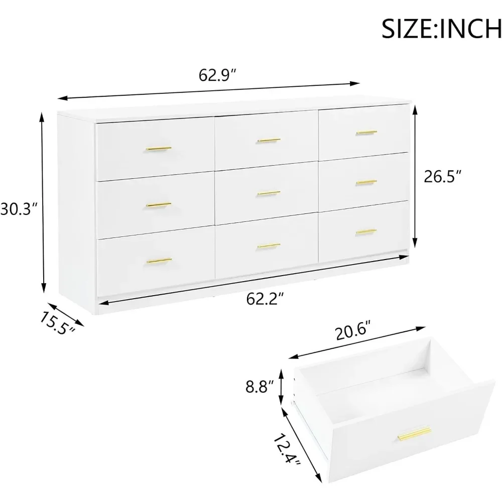 White Dresser for Bedroom,Modern Large 9 Drawer Dresser with Gold Handle,Wood Storage Dresser Chest of Drawer, Bedroom Furniture