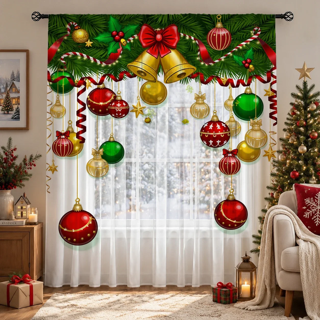 Christmas Gradient Sheer Curtain, Good Quality Light Reducing Privacy Voile for Living/Bedroom/Kids Room,Christmas's Day Gift