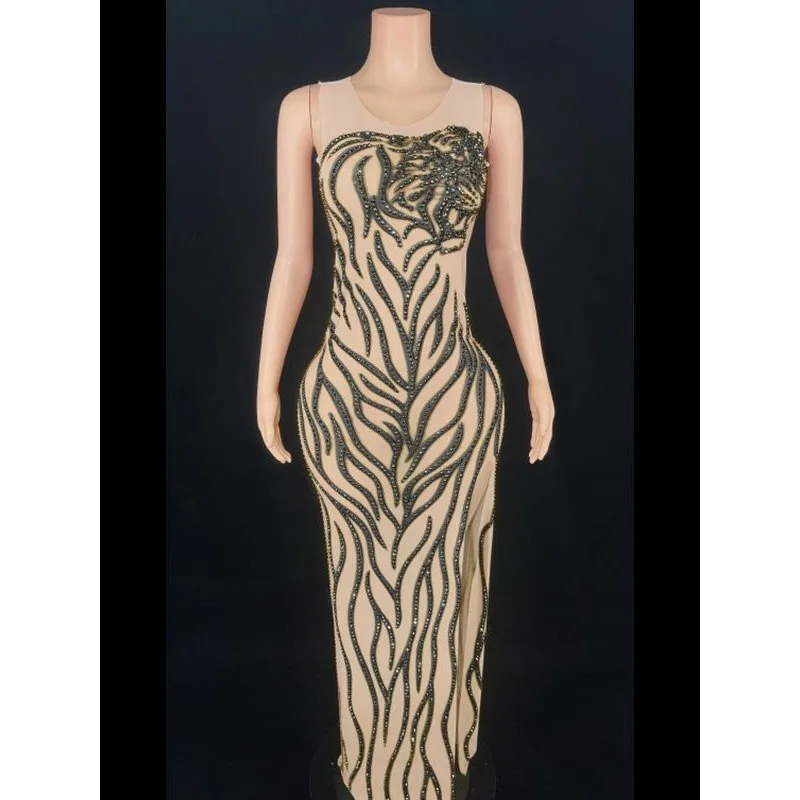 หลายสี Rhinestone มุมมองตาข่าย Elastic Slim Dress เซ็กซี่ STAGE Performance เสื้อผ้าผู้หญิงชุดสําหรับงานปาร์ตี้และงานแต่งงาน