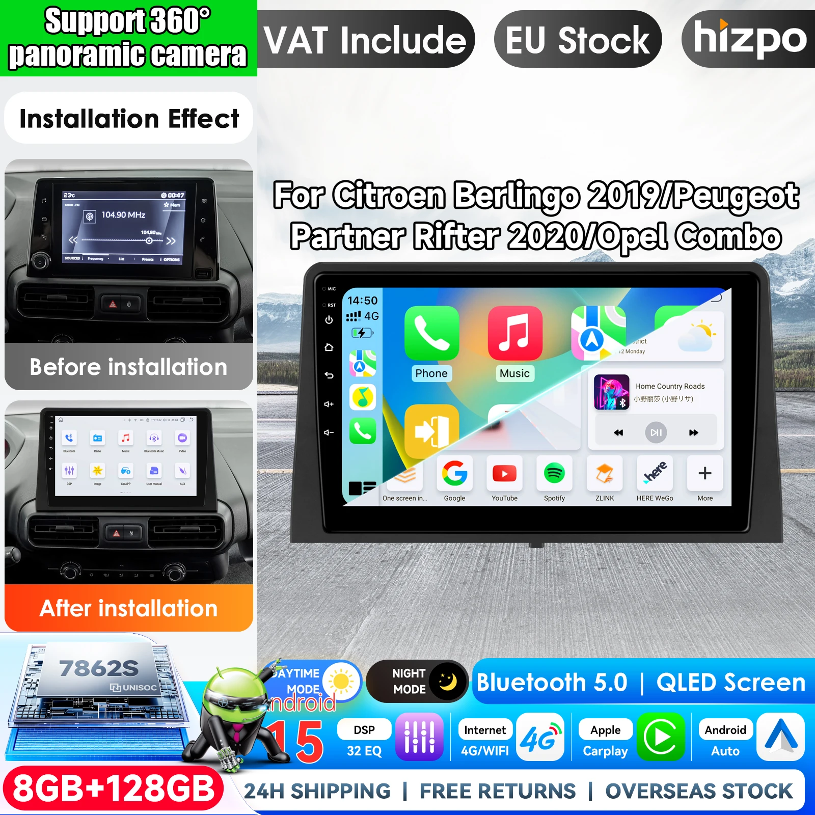 Hizpo Autoradio 10" con Carplay Wireless e Android Auto per Citroen Berlingo 2019, Peugeot Partner Rifter 2020, Opel Combo, Sistema Multimediale Intelligente con Apple Carplay Wireless, Schermo Touch