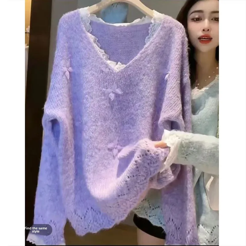 

Smart 3D Lace Splicing Knitted Sweater Women's Autumn Winter Loose New Sle Korean Commute Pure Color Thiened
