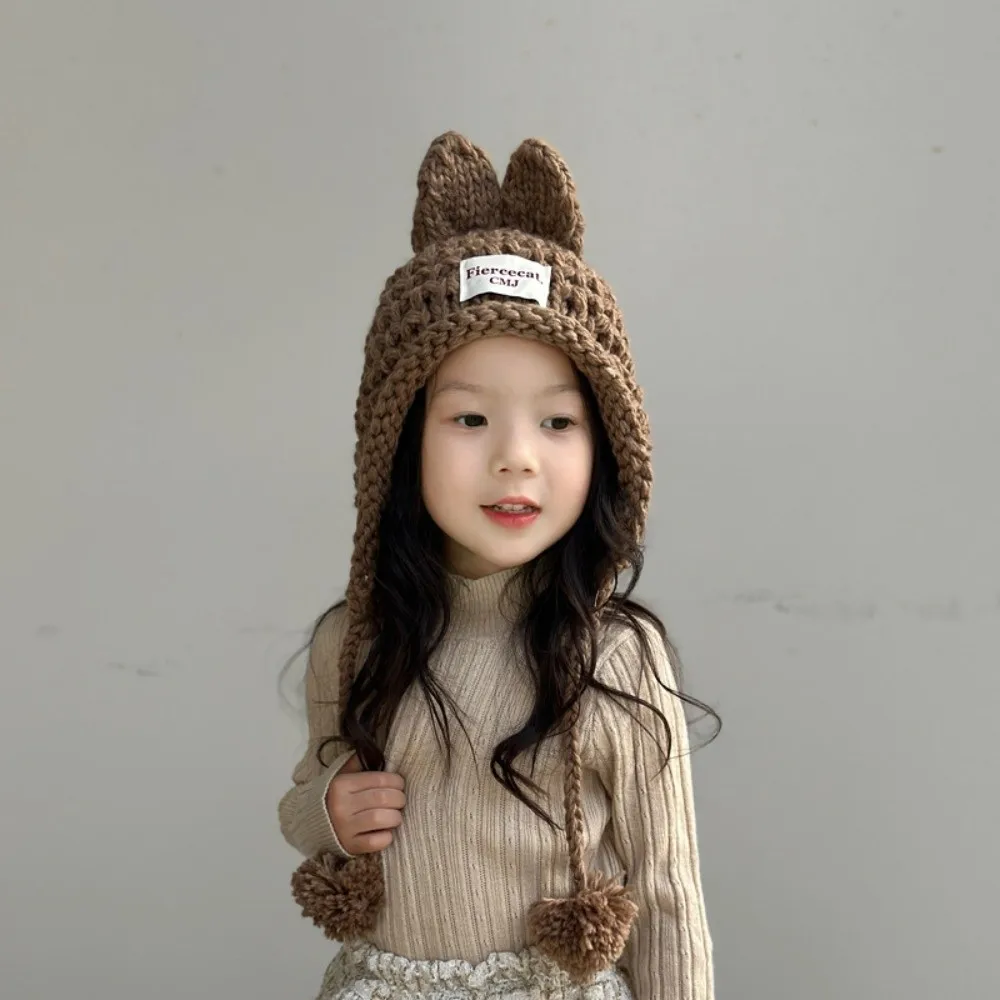 

Cute Solid Color Baby Crochet Hat Soft Warm Autumn Winter Hand Knitted Cap Outdoor Rabbit Ear Ear Protection Cap Girls