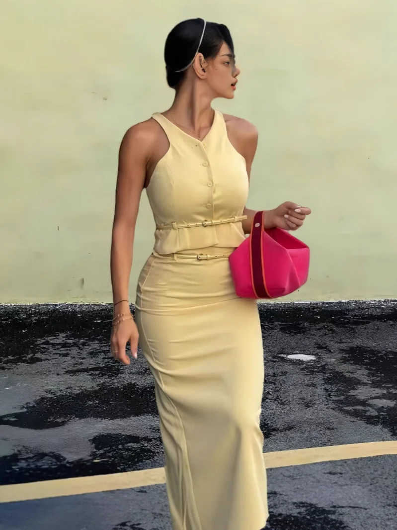 

TRAFZA Vintage Chic Solid Women Sashes Suit Single Breasted Sleeveless Top Straight Long Skirt New Fashion 2024 Autumn Suit