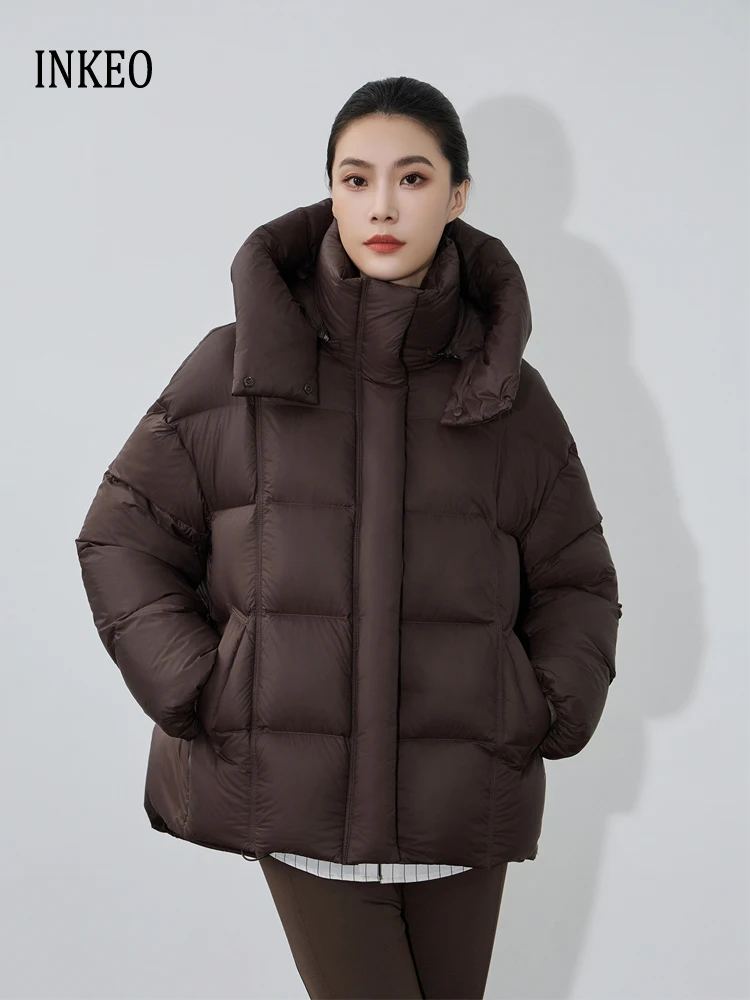 Luxury Women Hooded down jacket Oversize Fluffy 2025 Winter irregular puffer coat Warm Elegant Lady Outwear Brown INKEO DJ108