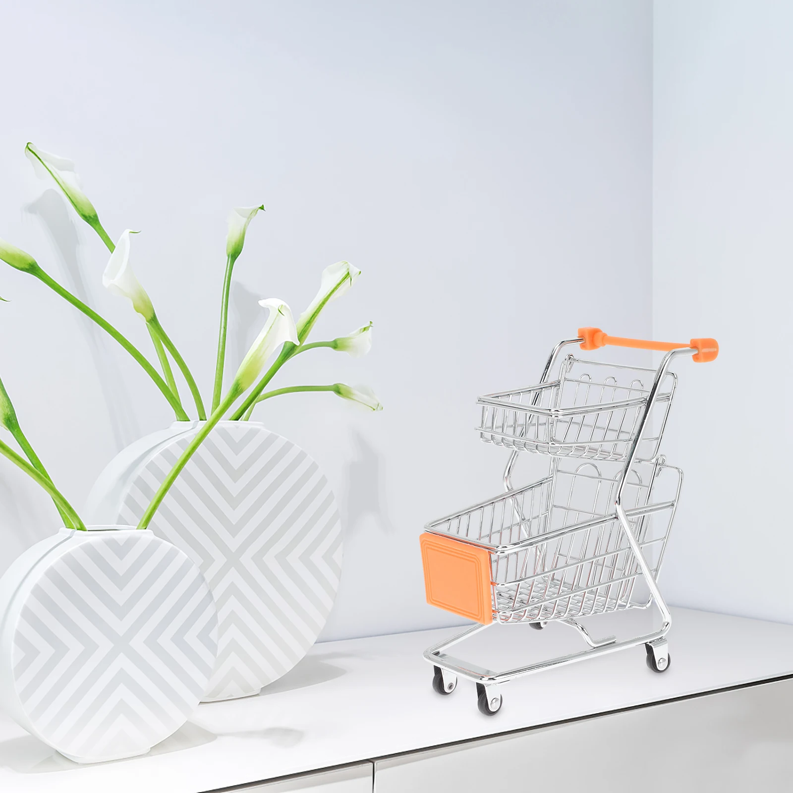 Mini Shopping Cart Toy Model Trolley Carts Supermarket Handcart Kids Grocery Wrought Iron Rolling Storage Container Desk
