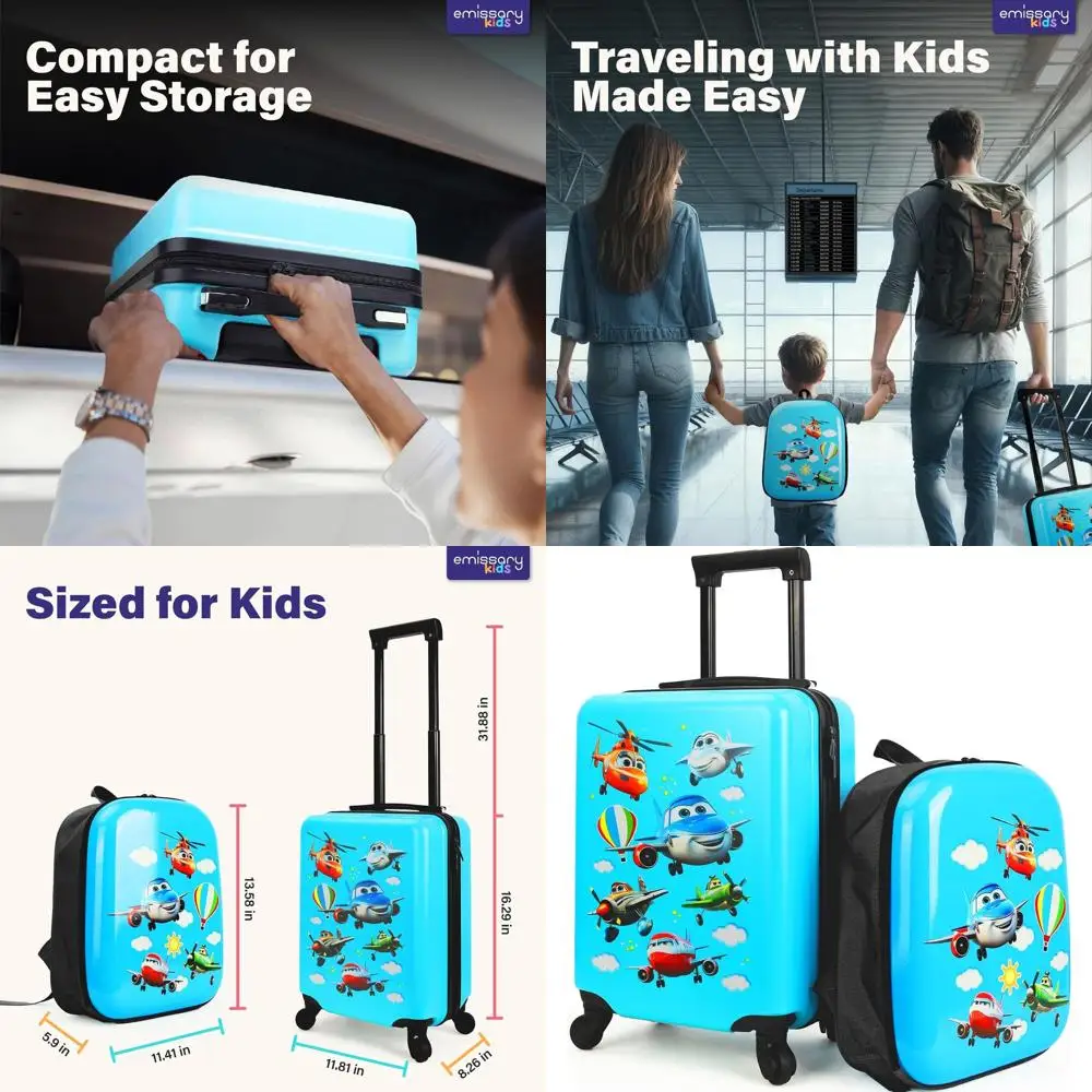 

Children's Rolling Luggage Set with Wheels for Boys, Airplane Travel Suitcase, Toddler Carry-On Bag