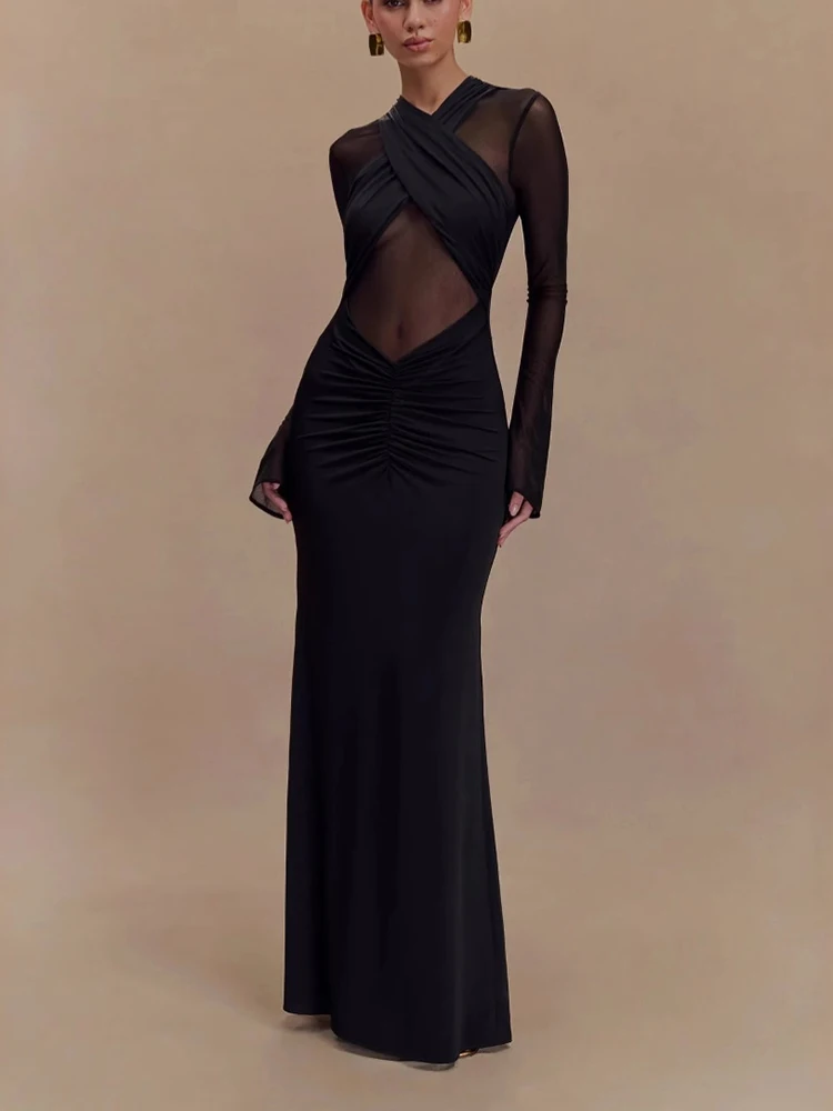 

Fashion Perspective Fold Black Dresses Spring Women Long Sleeves V-neck Dress Autumn High Waist Package Hip Ankle Length Dress