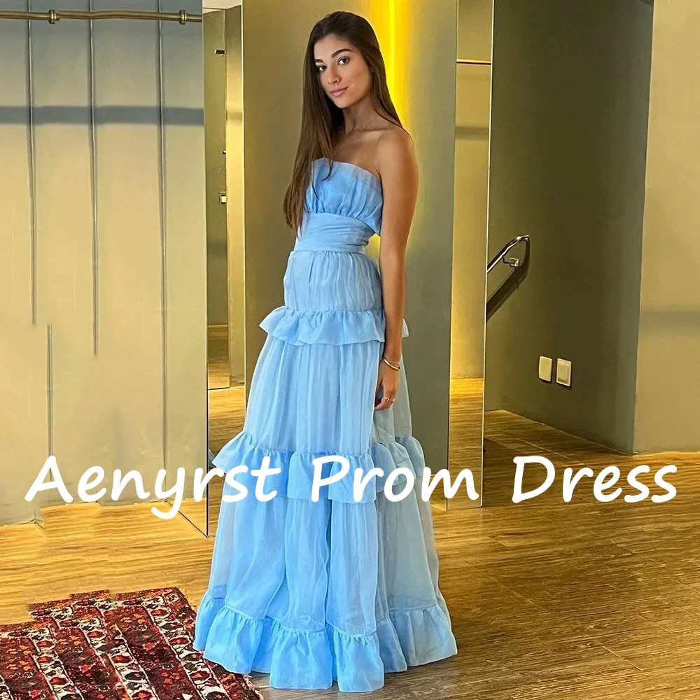 Aenyrst Blue Ruffles Strapless Prom Dresses Orangza A Line Evening Gowns Floor Length Dinner Party Dresses Elegant فساتين السهرة