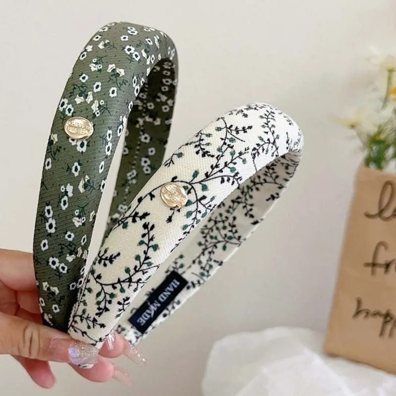 Green Retro Korean Type Floral Sponge Headband Elegant Fashion Printed High Skull Top Hair hoop Versatile Hair Clip