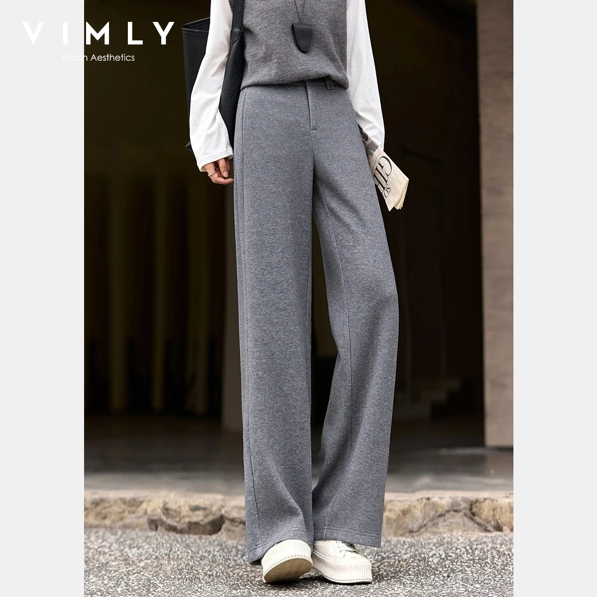VIMLY 여성용 긴 바지 2025 겨울 다용도 솔리드 지퍼 플라이 와이드 레그 스웨트팬츠 캐주얼 루즈 핏 여성 의류 A3232