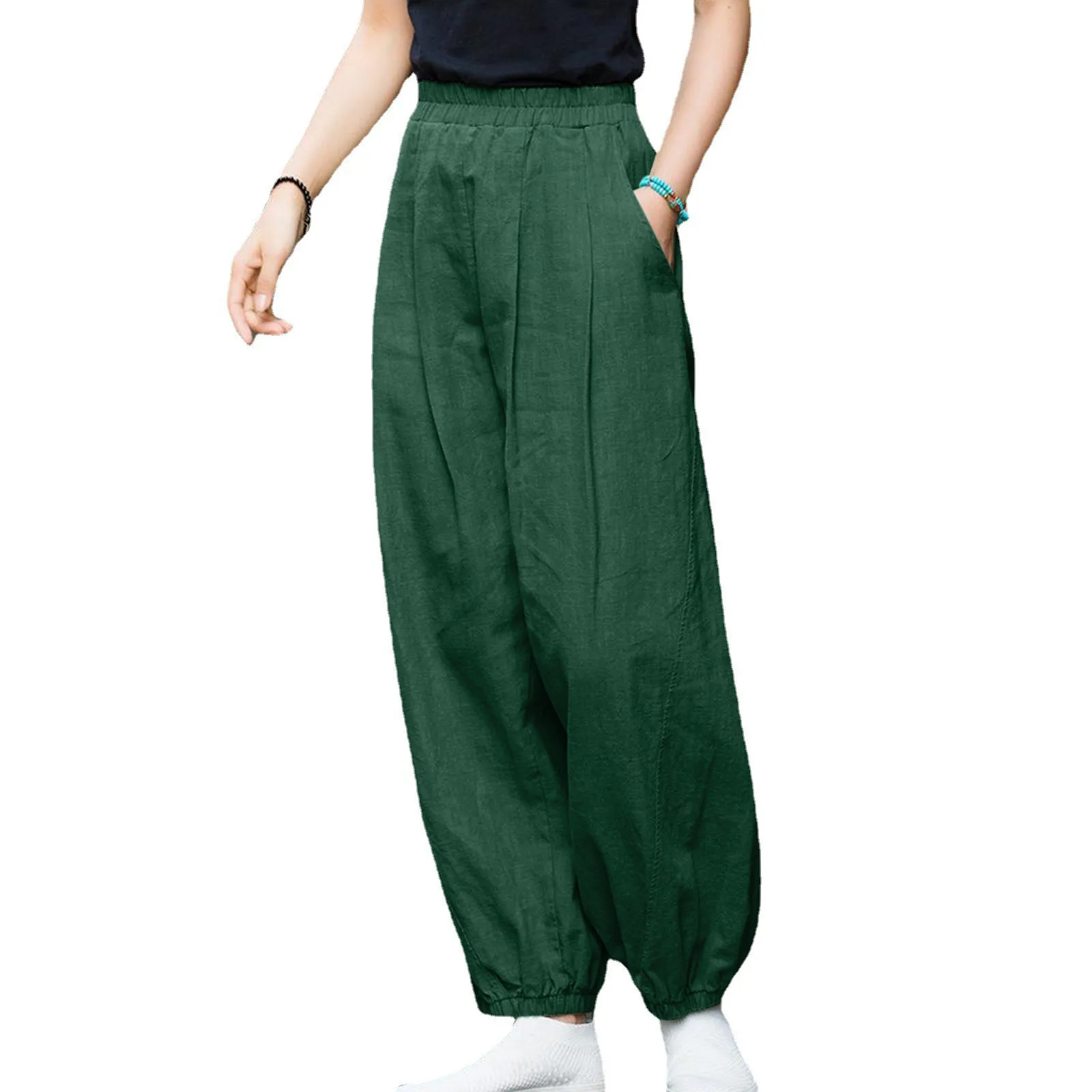 Women's Cotton and Linen Solid Color Casual Pants Elastic Waist Loose Wide Leg Splicing Niners
