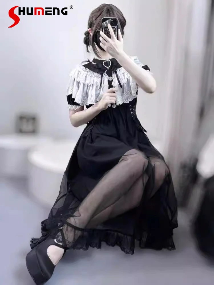 

Japanese Mine Lolita Long Dresses for Women Girls High Waist Slim Elegant Cute Bow Lace Patchwork Sleeve Dress Gothic Dress