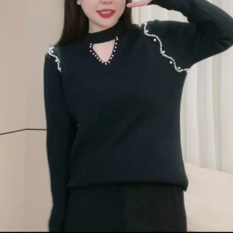Hollow High Neck Bottoming with Beads in Autumn and Winter New Fashion Knitted Puff Long-sleeved Sweater Top
