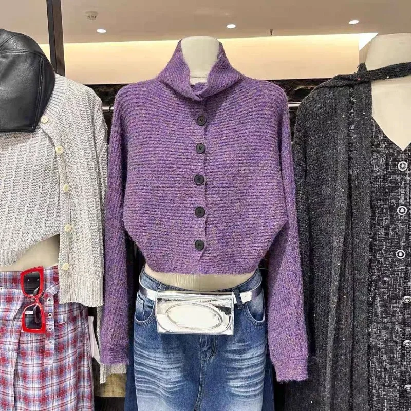 

Autumn and Winter Lazy Style High Collar Buttoned Loose Purple Short Sweater Knitted Cardigan Top