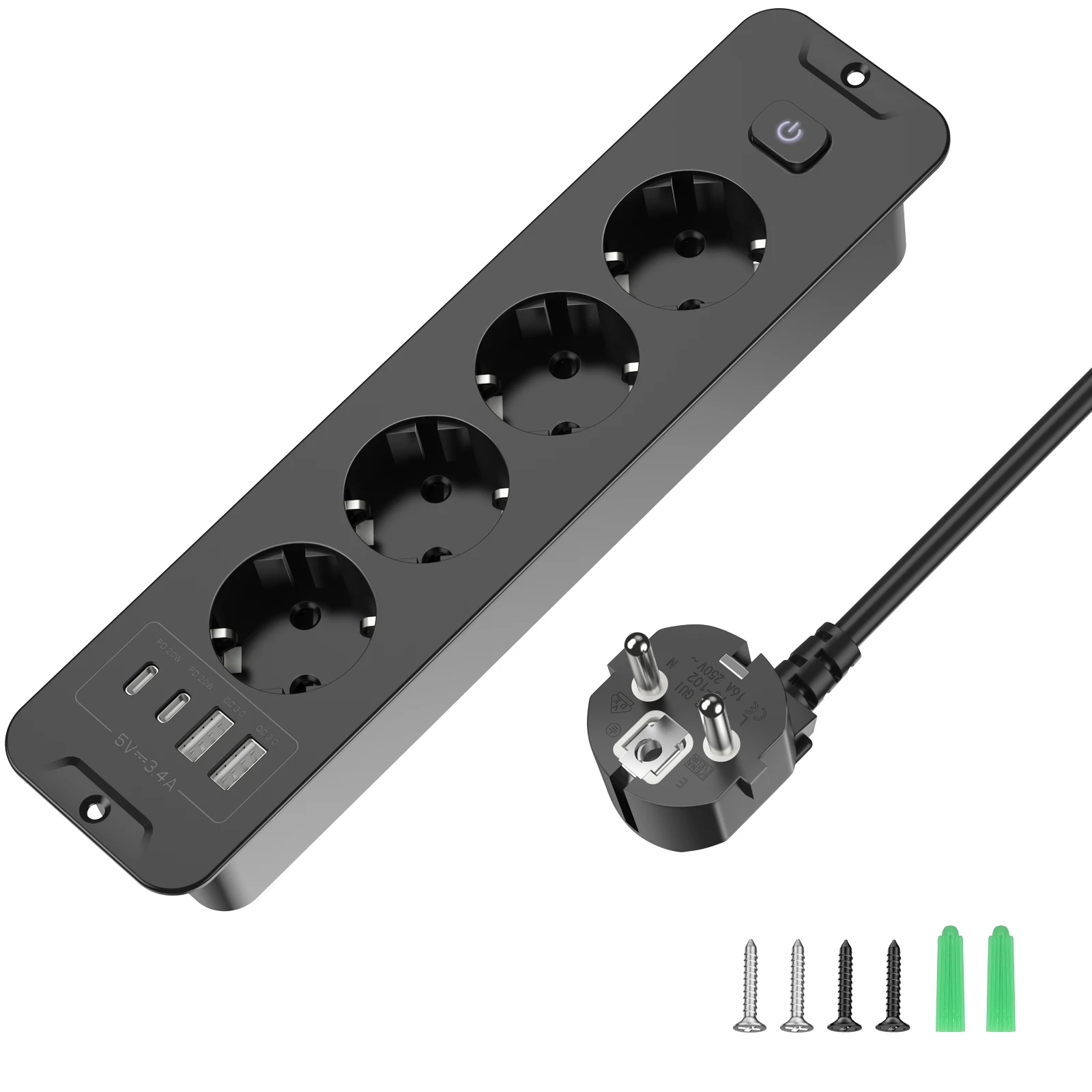 EU Desktop Ingebouwde stekkerdoos met 2 USB A 2 USB C, tafelverzonken stopcontact Meerdere stekkers met schakelaar 2 m kabel 4 stopcontacten