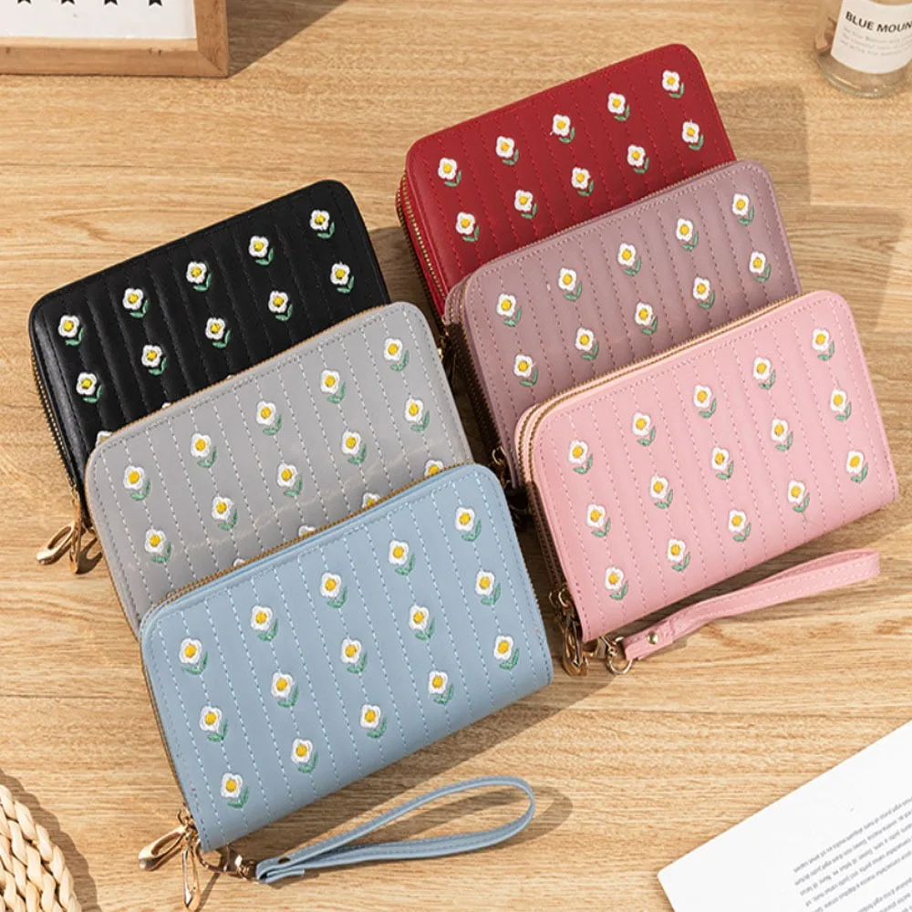 Dompet Panjang Ritsleting Ganda untuk Wanita Dompet Koin Bordir Bunga Fashion Tempat Kartu Tas Uang Ponsel Clutch Kulit PU Wanita