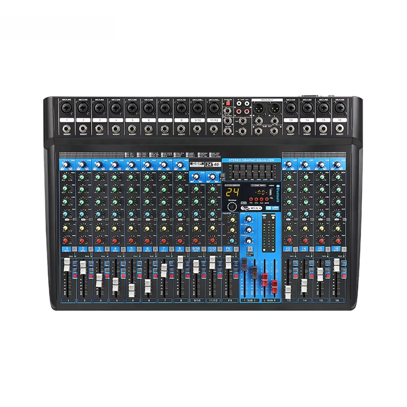 

GM-X Sound Mixer Console 8/12/16 Channel Blue-tooth/MP3 Built-in 24-bit DSP/7-band EQ/2 AUX/2 Groups