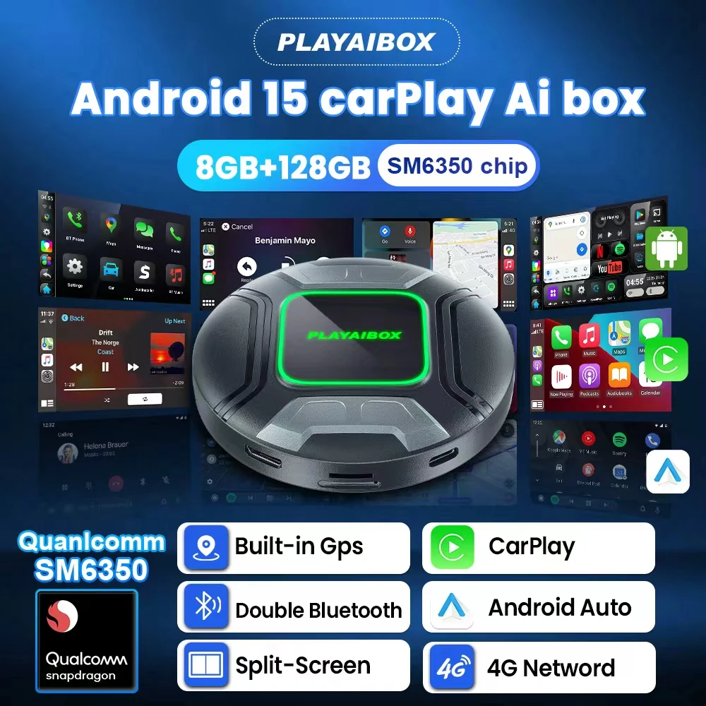 محول Android 15 CarPlay AI Box اللاسلكي Android Auto Carplay SM6350 4G Netword 8GB + 128GB لسيارة Netflix YouTube الذكية