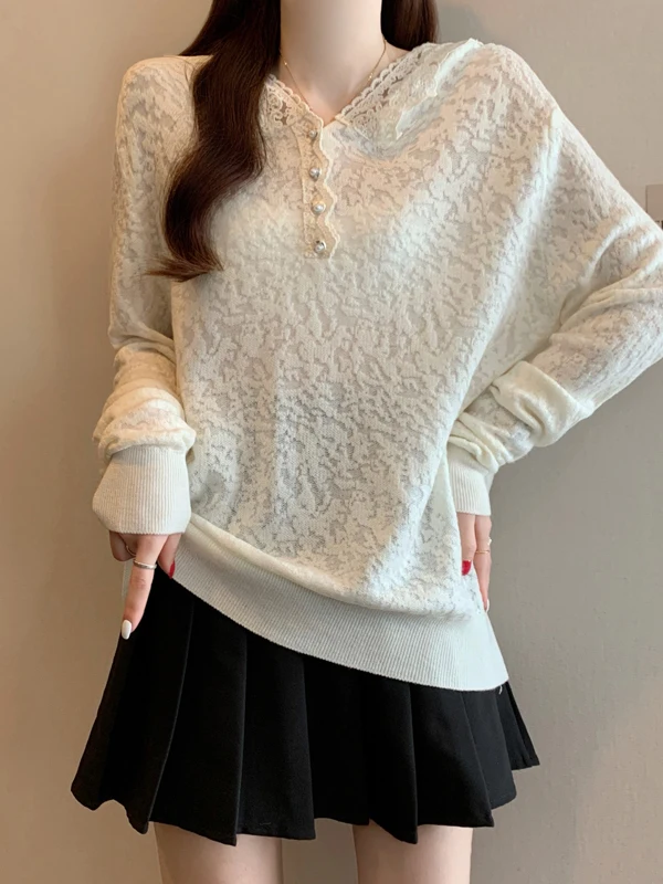 

Ele Lace Hooded Long Sve Knitted Top plus Size Women's Boting Tummy Covering Spring 2026 Casual Wear Daily Outfit