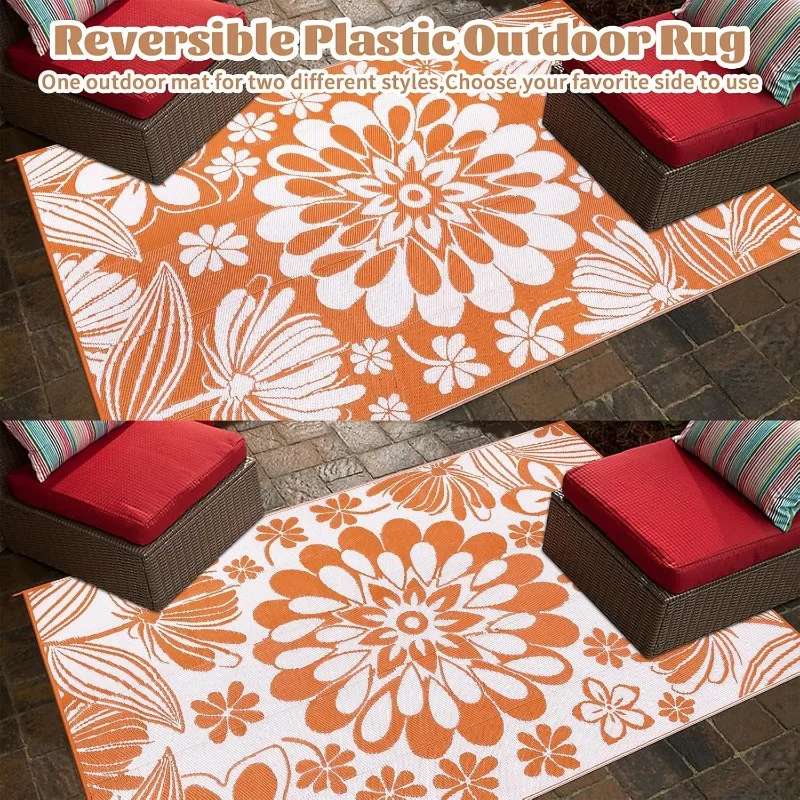 Outdoor-Strohhalmteppich aus Kunststoff, 6 x 9 Fuß, lustiger Blumenstil, wendbare Terrassenteppiche, wasserdicht, fusselfrei, tragbar