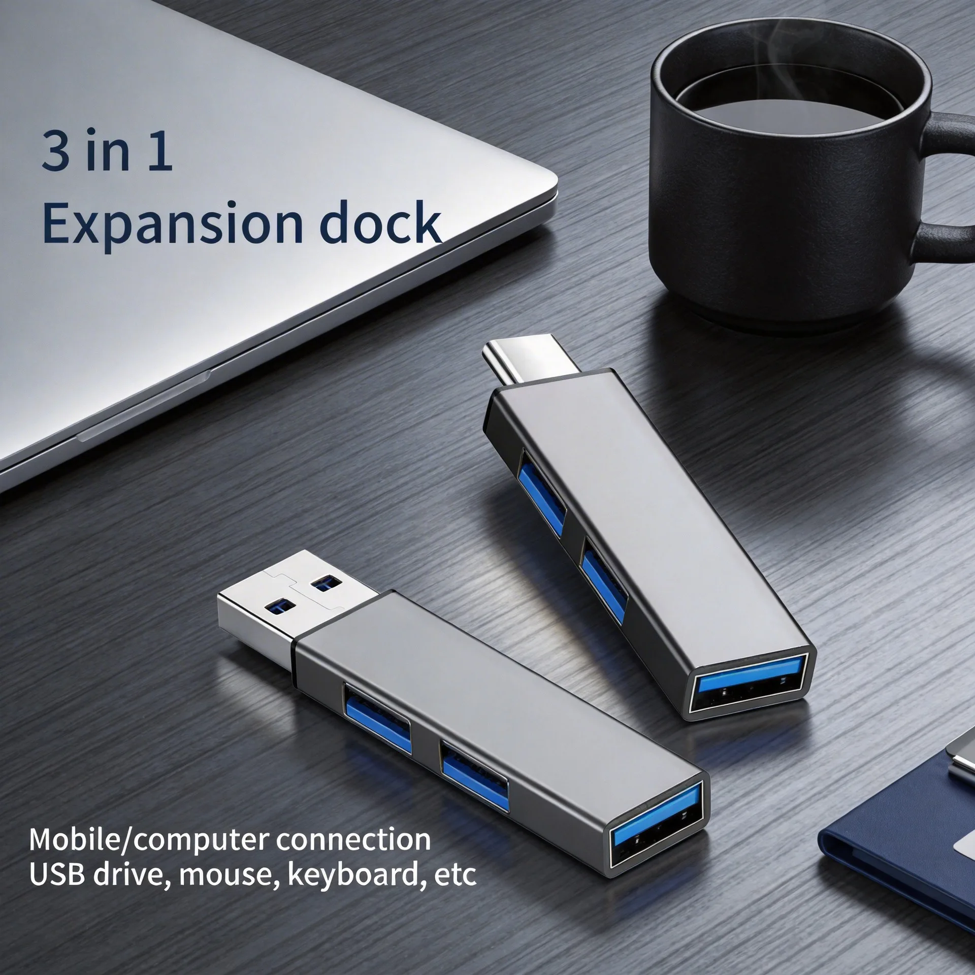 USB 3.0 3-Port USB Hub, USB-C Ultra-Slim Split Hub Power Adapter Multi-Port Expander for PC, Laptop, Tablet, USB Devices & More