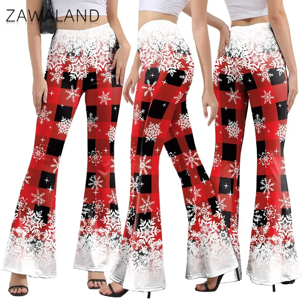 

Zawaland Retro Red Grid 3D Printing Cosplay Costume Christmas Tree Wide Leg Pants Flared Pants Women Bell Bottoms Xmas Party