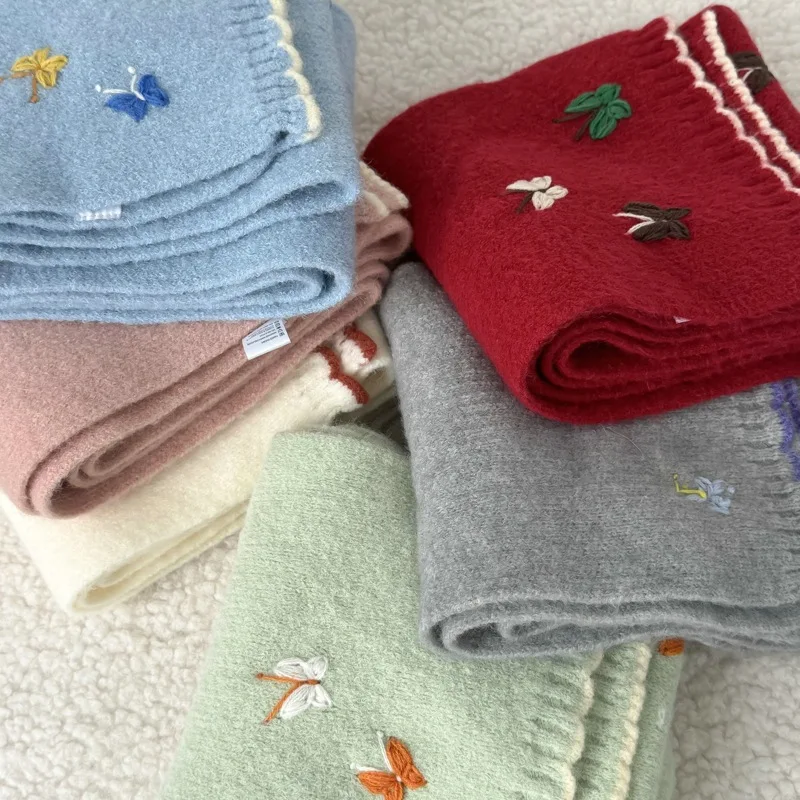 Ladies' Scarves New Korean Butterfly For Girl Contrasting Sweet Kawaii Winter Warm Plushed Thickened Comfortable Knitted Scarfs