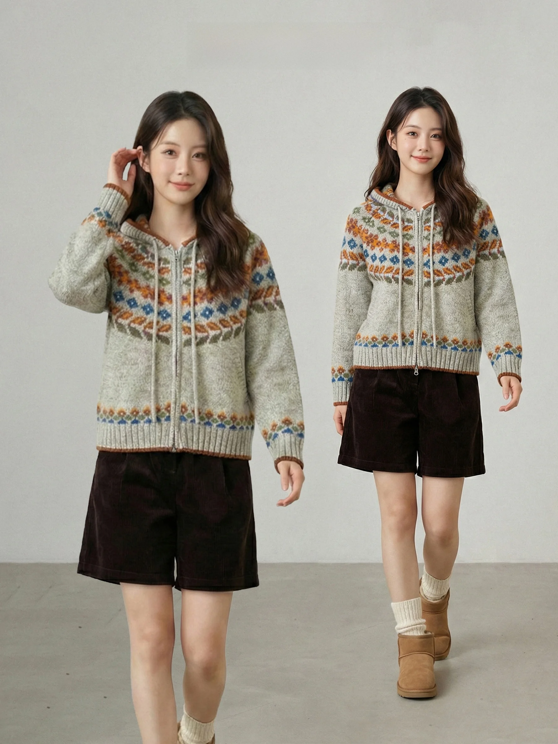 

Feilao Island Women's Knitted Sweater Spring New Loose Slim Fit Hooded Zipper Knitwear Coat Medium Softn Long Sve Warm