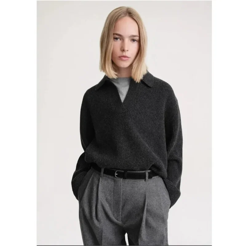 

TT Sweater with Polo Collar, Ribbed Knit Sweater, Lazy and Slim, Niche, Autumn, 2024