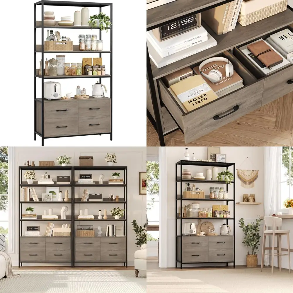 

5-Tier Tall Bookshelf with Drawers, 71 High Storage Bookcase, 35.4 Wide Industrial Style Bookcase, Kitchen Storage Rack