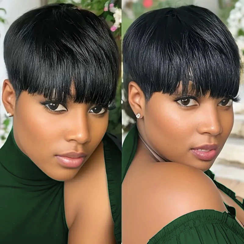 짧은 픽시 컷 가발 인모 여성용 검정색 풀머신 숏 스트레이트 가발