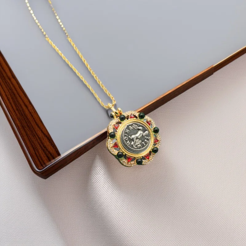 Embossed Ancient Coin Qianli Horse Rabbit Pendant Necklace Inlaid with Artificial Color Holiday Style
