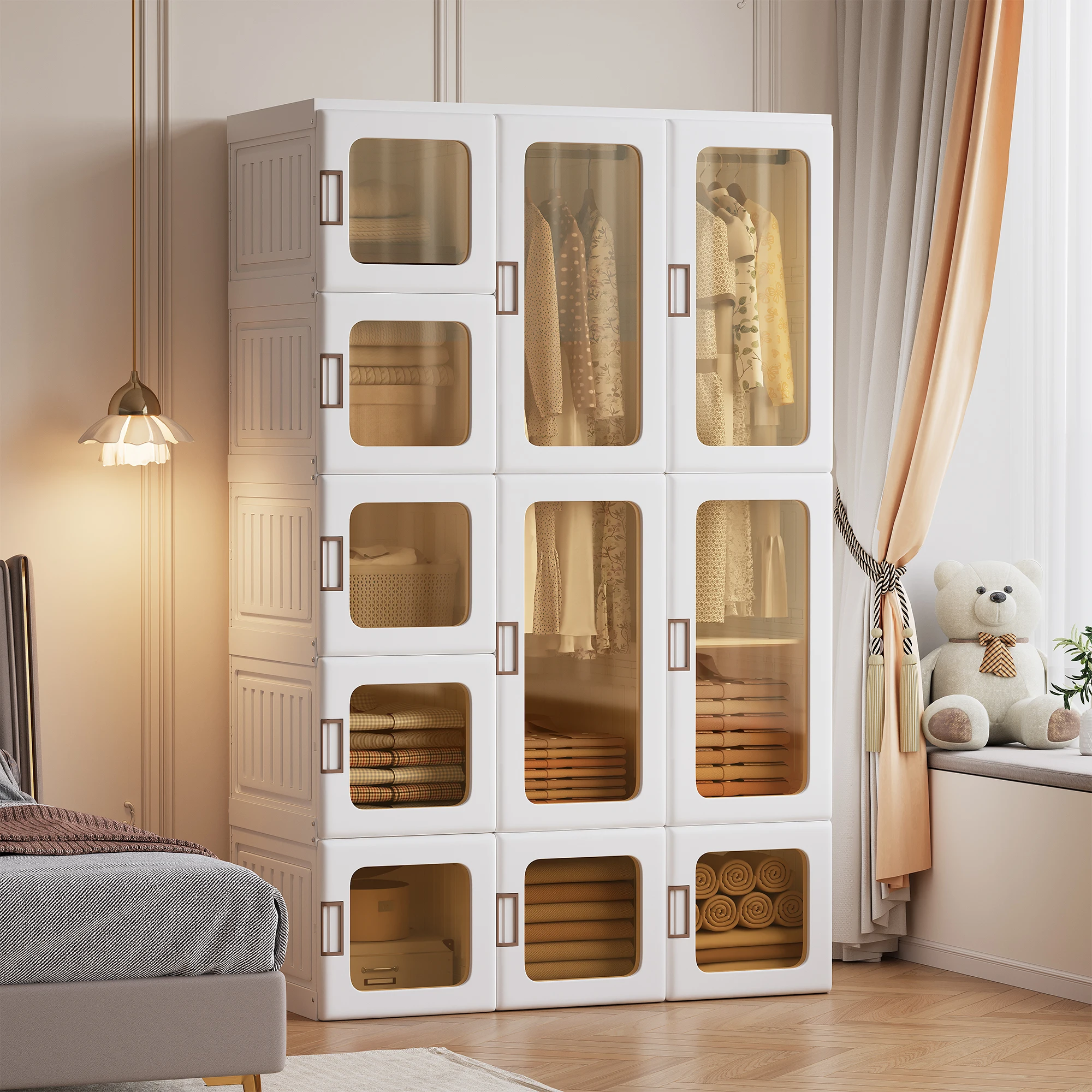 Armadio, armadio portatile 104 x 170 x 50 cm, facile da montare, armadio pieghevole multifunzionale con 2 barre appendiabiti e 8–11 scomparti magnetici, armadio contenitore per camera da letto o