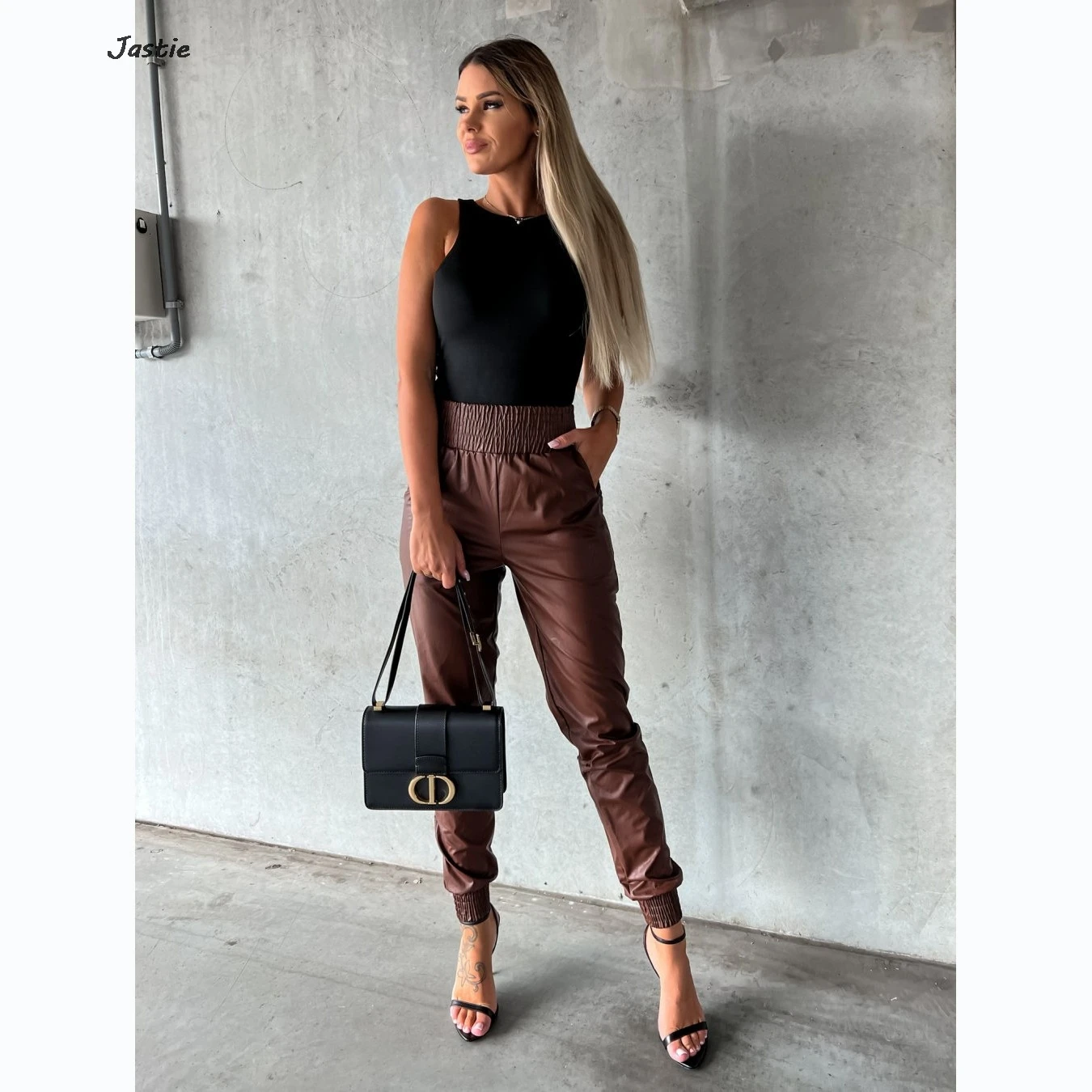 2023 Spring And Autumn New Casual Tight Pocket Leather Pants High Elastic Waist Slim Pencil Trouser Street Trend Motorcycle 2024