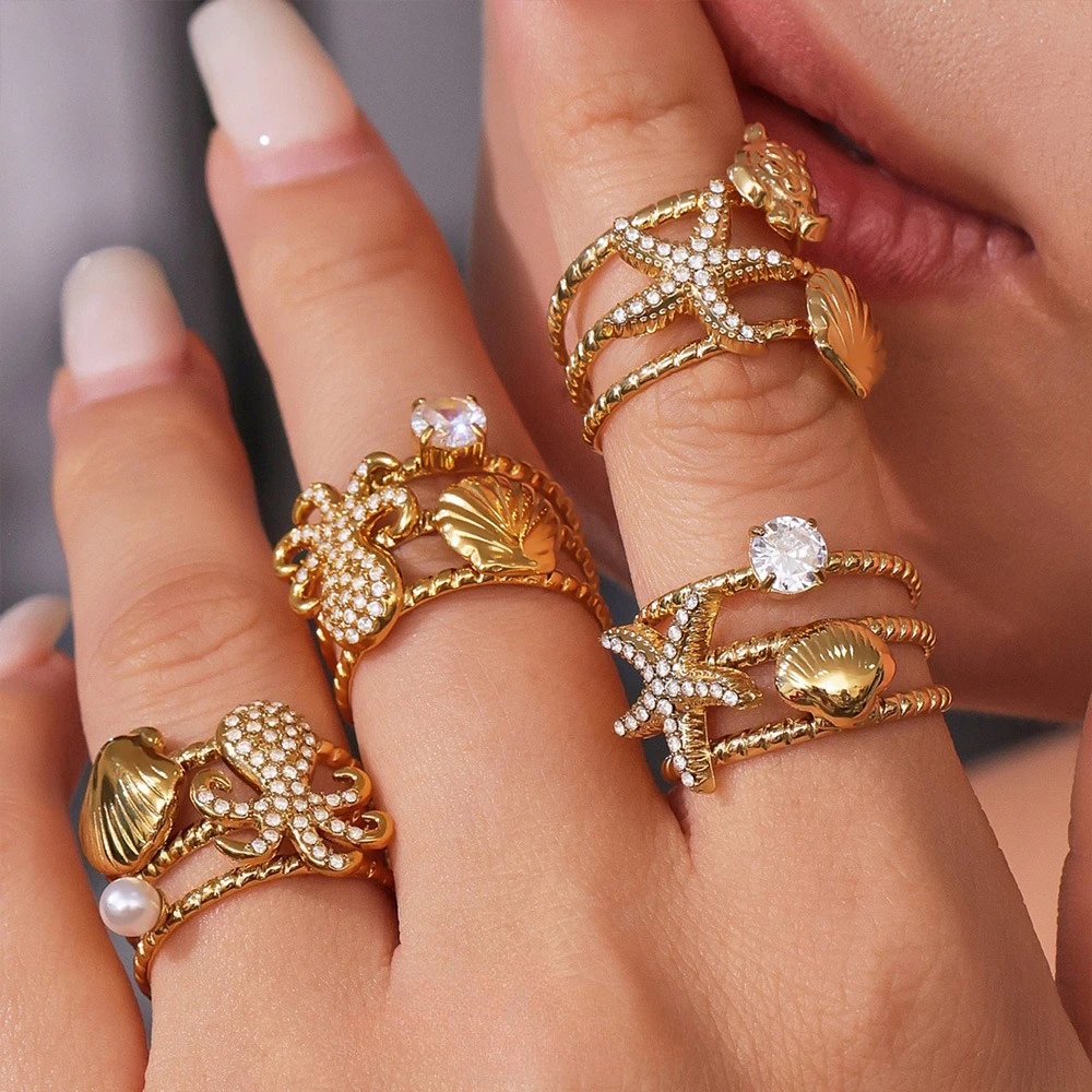 

2pc/pack Women 18K Gold Plated Ring 3D Starfish Octopus Hollow Design Vacation Jewelry for Beach Surfing & Sunset Cocktails