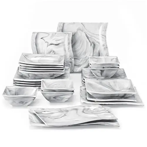 MALACASA Square Dinnerware Sets, 26-Piece Marble Grey Plates and Bowls Sets, Porcelain Dinner Set Microwave Safe, Kitchen Dinne