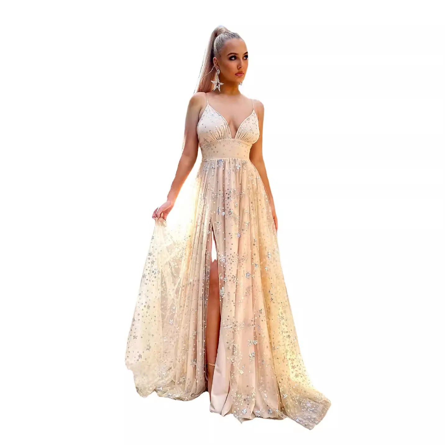 

5110, лето 2025, новое сексуальное платье с глубоким V-образным вырезом и длинной юбкой из железного листа с разрезом