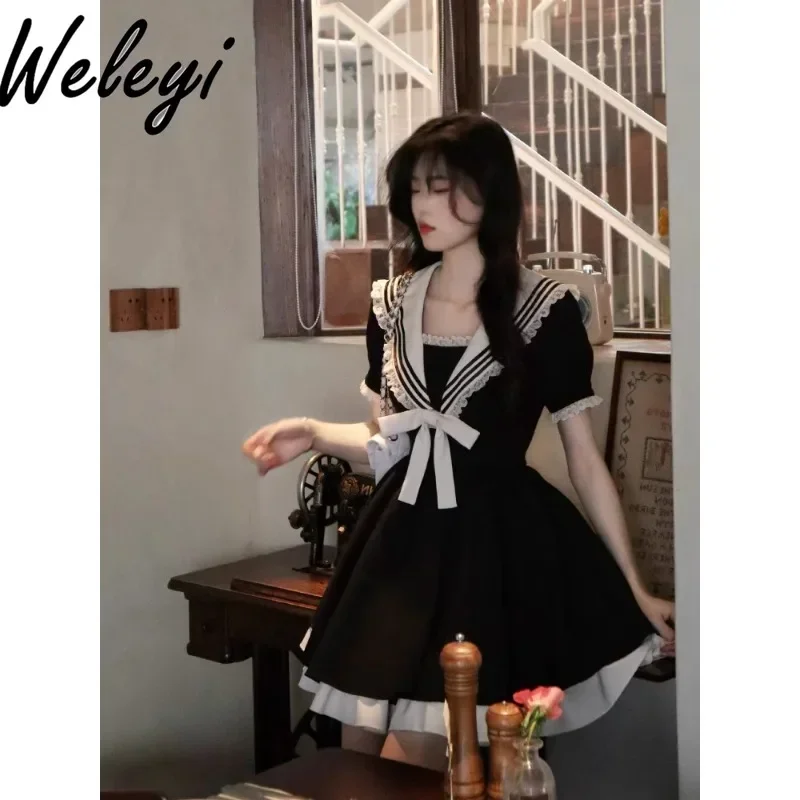 

Super Cute Tea Break Princess Dresses Female 2024 Summer College Style Sailor Collar Black and White Color Matching Lace Dress