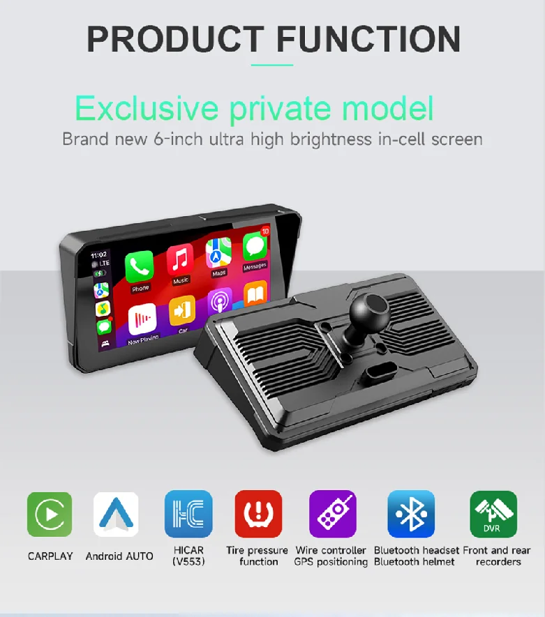 Tragbare 6 Zoll IPX8 Wasserdichte Motorrad GPS Navigation Drahtlose Carplay Android Auto DVR Stick Recorder Moto Monitor WIFI