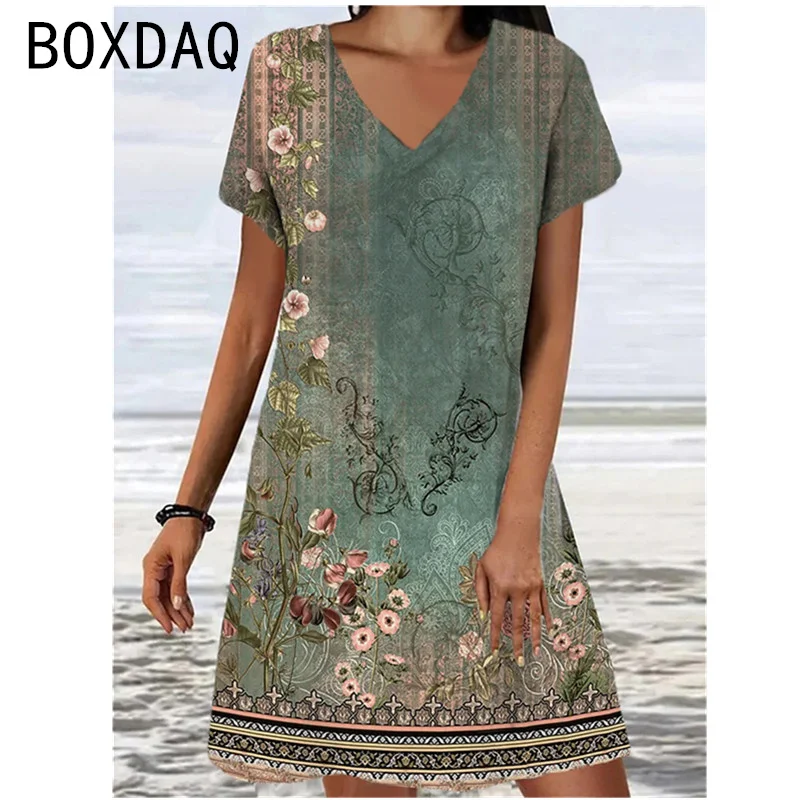 Women's Summer Short Sleeved V-neck Dress 3D Vintage Floral Printed Casual Dress Big Size 3XL Female Beach Party Dress Vestidos