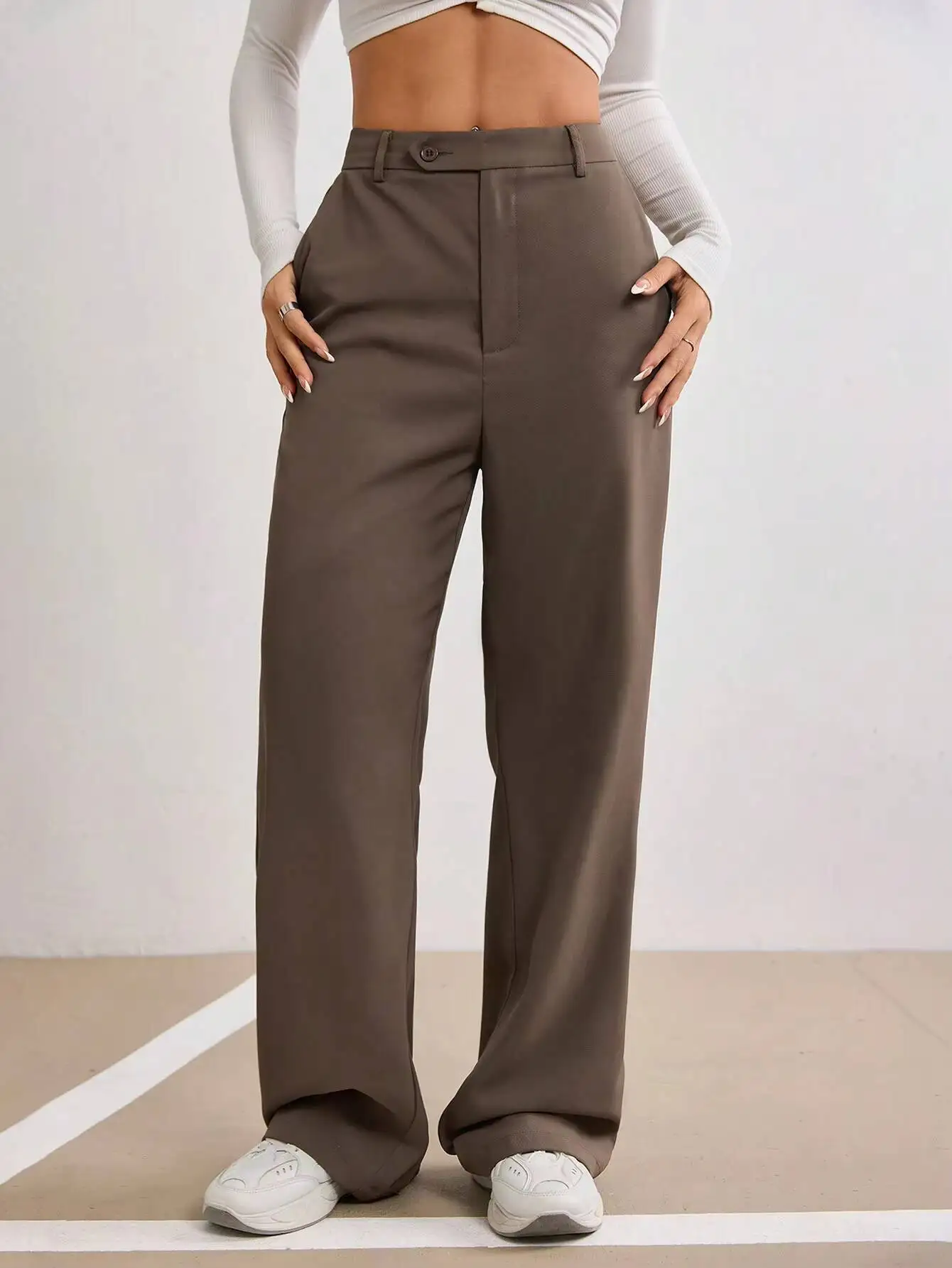 Damen Braune Gerade Hose mit Hoher Taille Weites Bein Knopfverschluss Frühling Sommer Lässige Büro- und Streetwear Mode-Hose