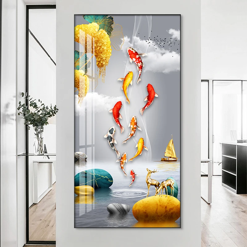 Jiuyu-decoración de entrada de la suerte, pasillo, pintura de porcelana de cristal, luz de lujo para sala de estar