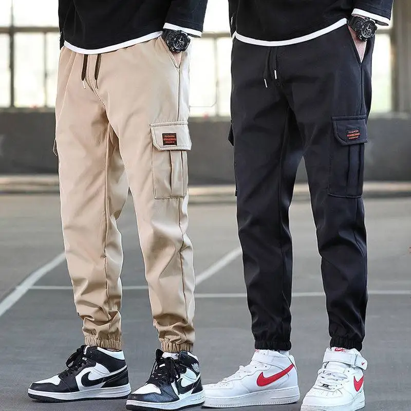 メンズ春秋ルーズマルチポケット耐摩耗性無地アンクルバンド付きワークパンツ