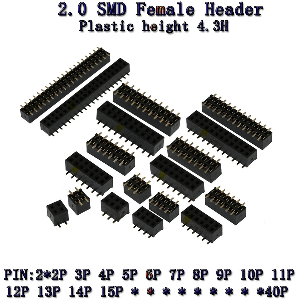 10pcs SMD 2.0mm H4.3 Double Row Female Breakaway PCB Board Pin Header socket Connector 2.0 Pinheader 2X2p4p6p8p10p15p20p~40Pin