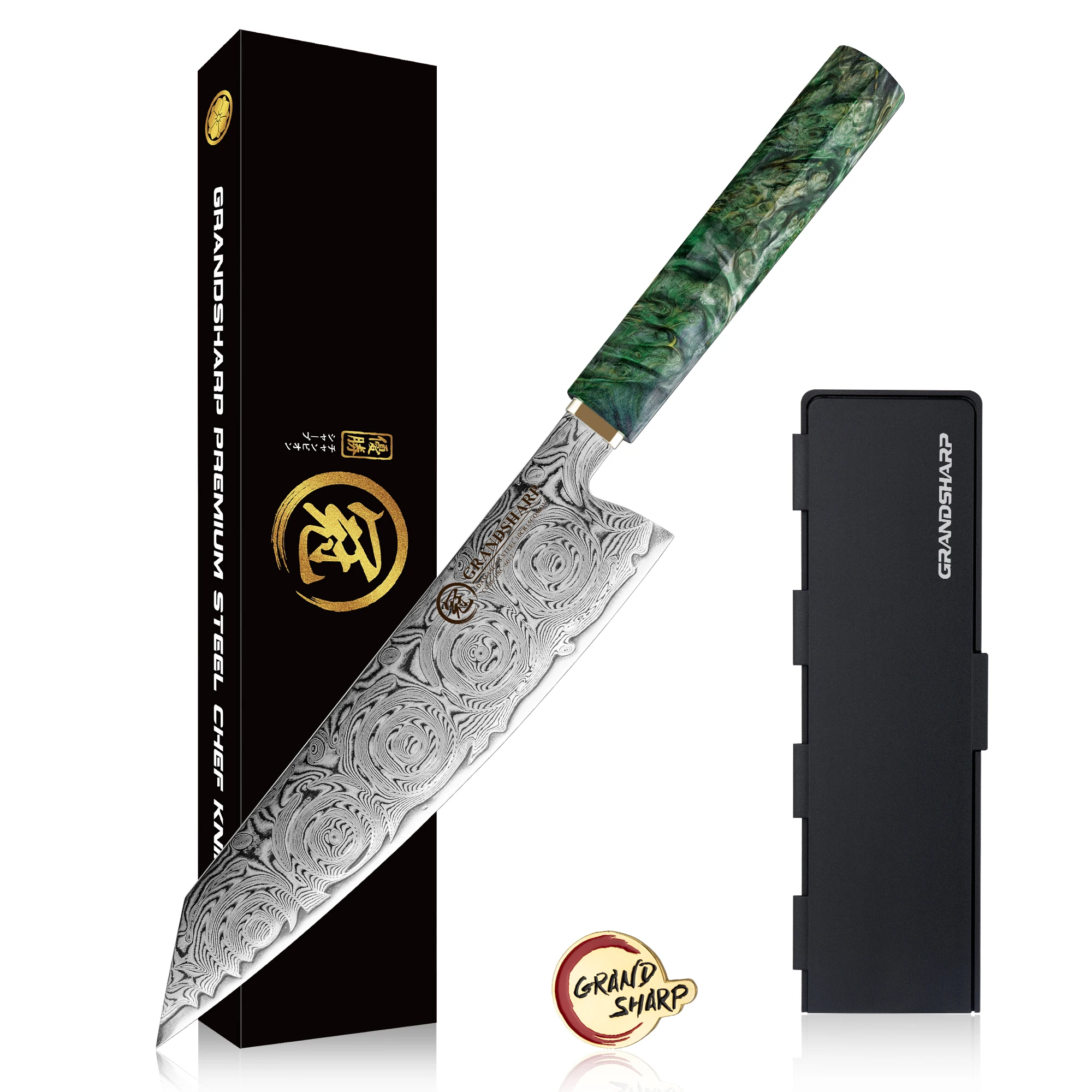 Grandsharp 8''Kiritsuke Knife 67 Layers Damascus Steel Sharp Blade Kitchen Knife with Visible Humanized Design Handle